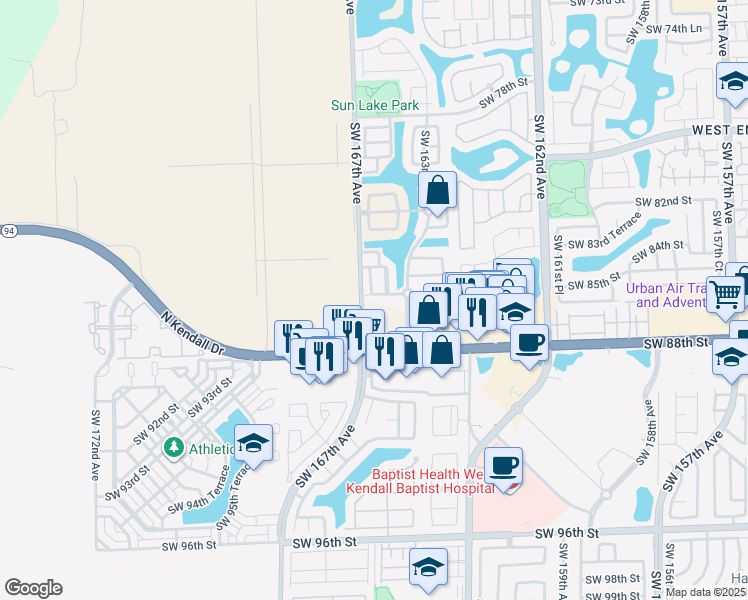 map of restaurants, bars, coffee shops, grocery stores, and more near 16628 Southwest 85th Lane in Miami