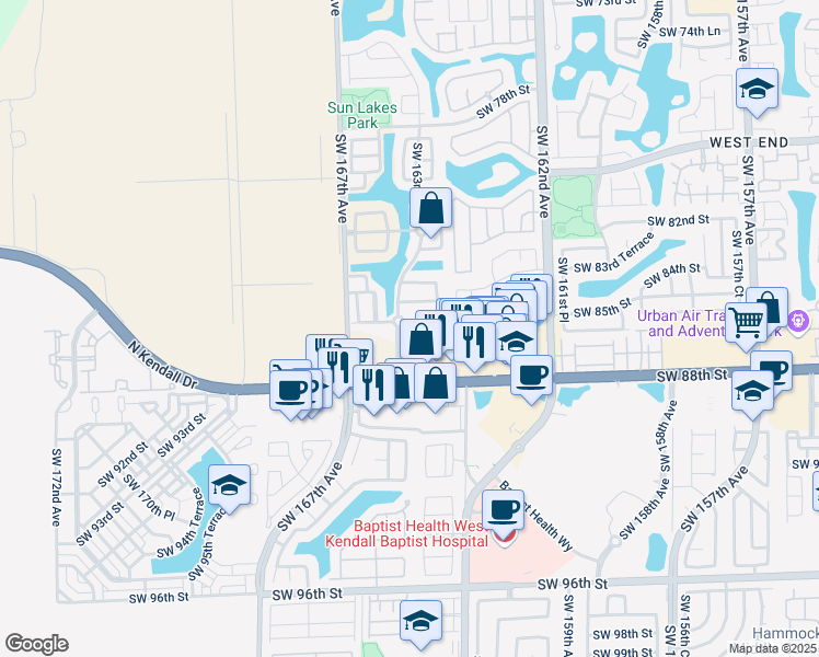 map of restaurants, bars, coffee shops, grocery stores, and more near 16498 Southwest 85th Lane in Miami
