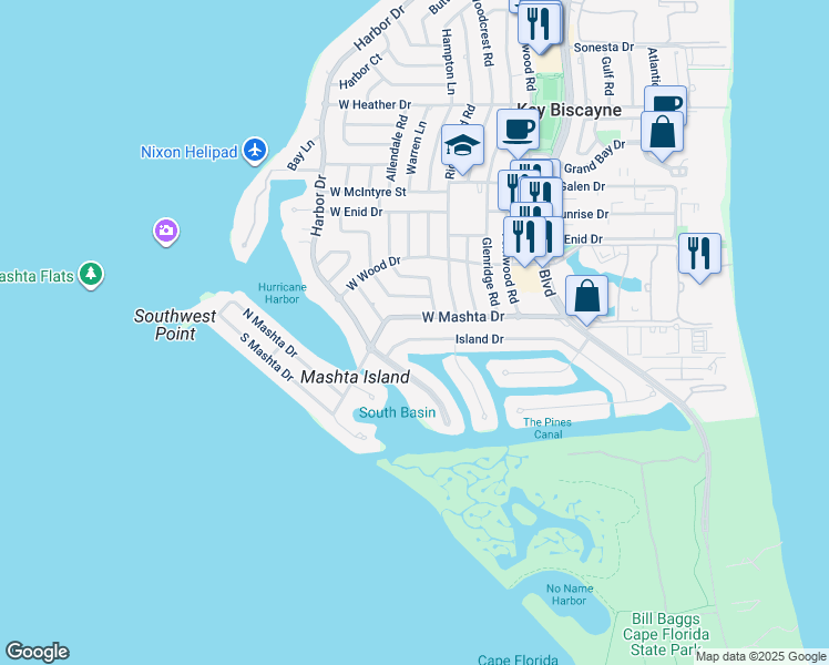 map of restaurants, bars, coffee shops, grocery stores, and more near 401 Island Drive in Key Biscayne