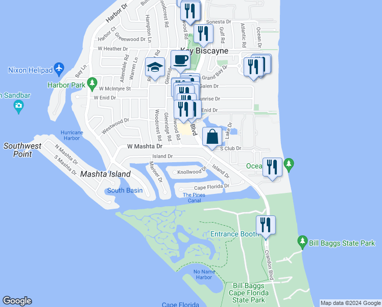 map of restaurants, bars, coffee shops, grocery stores, and more near 151 Island Drive in Key Biscayne
