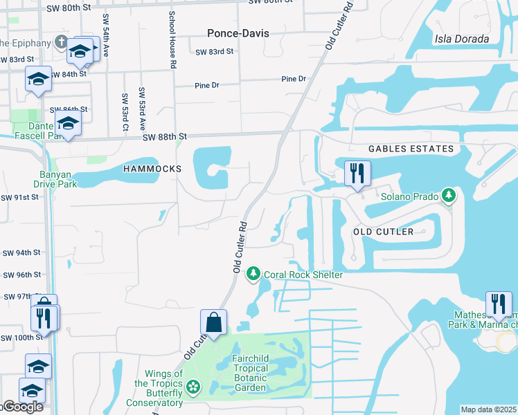 map of restaurants, bars, coffee shops, grocery stores, and more near 9400 Old Cutler Lane in Coral Gables