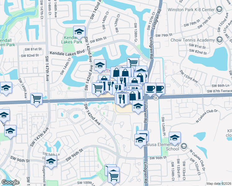 map of restaurants, bars, coffee shops, grocery stores, and more near 14001 Southwest 88th Street in Miami