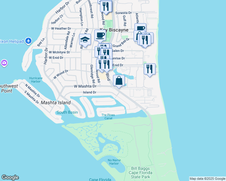map of restaurants, bars, coffee shops, grocery stores, and more near 121 Island Drive in Miami