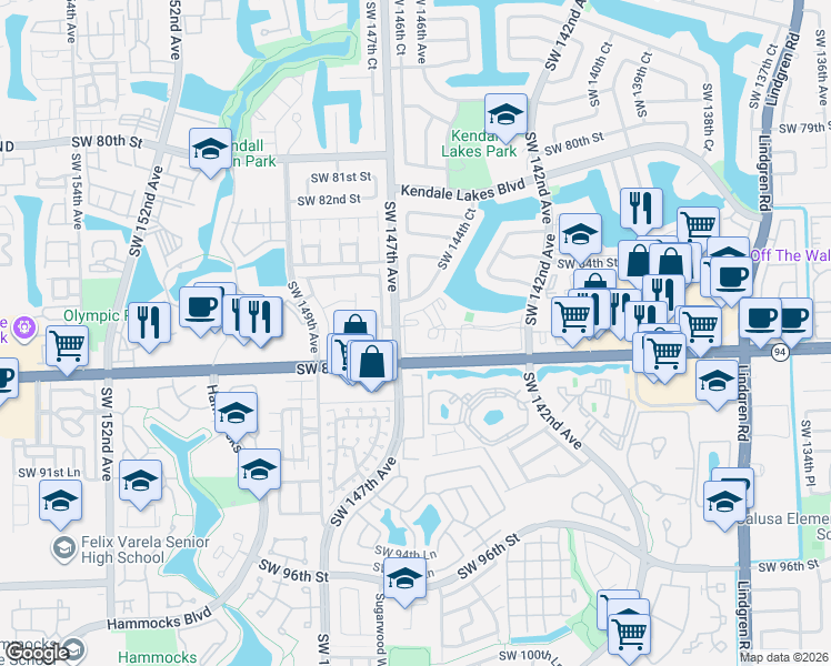 map of restaurants, bars, coffee shops, grocery stores, and more near 14525 Southwest 88th Street in Miami