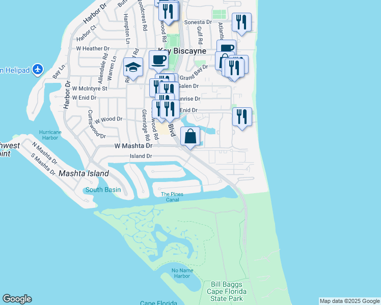 map of restaurants, bars, coffee shops, grocery stores, and more near 907 Crandon Boulevard in Key Biscayne