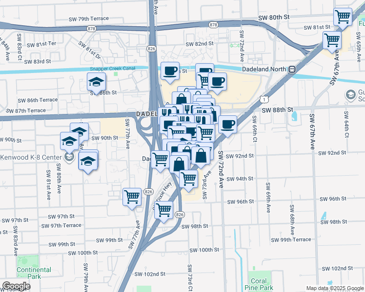 map of restaurants, bars, coffee shops, grocery stores, and more near 9075 South Dadeland Boulevard in Miami