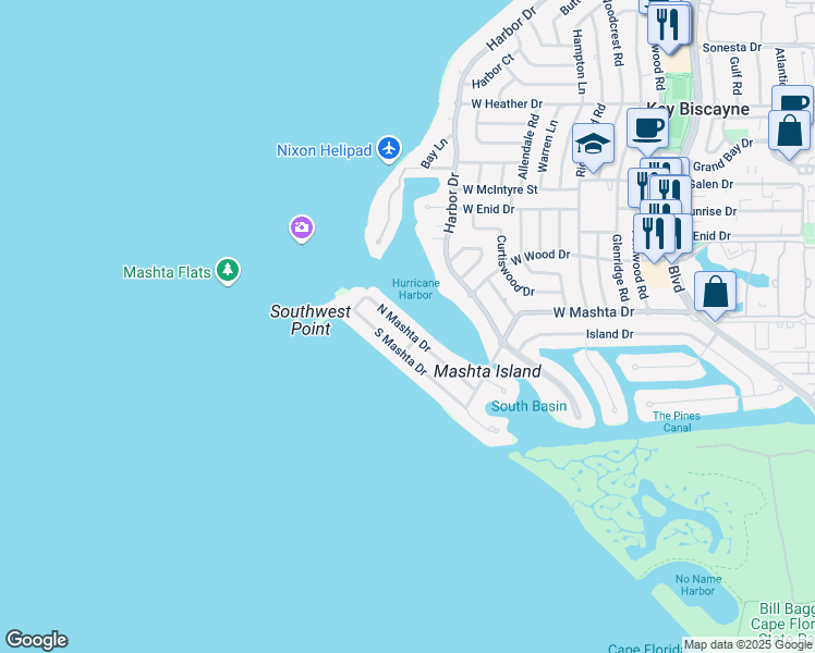 map of restaurants, bars, coffee shops, grocery stores, and more near 700 North Mashta Drive in Key Biscayne