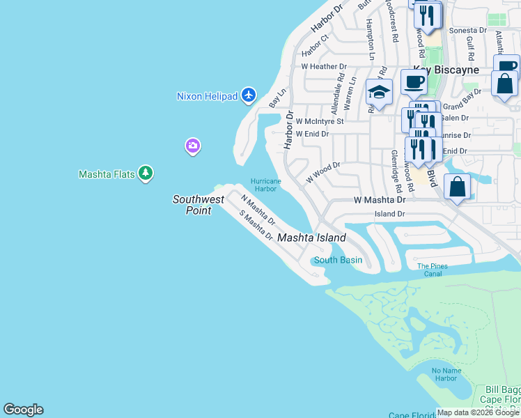 map of restaurants, bars, coffee shops, grocery stores, and more near 700 North Mashta Drive in Key Biscayne