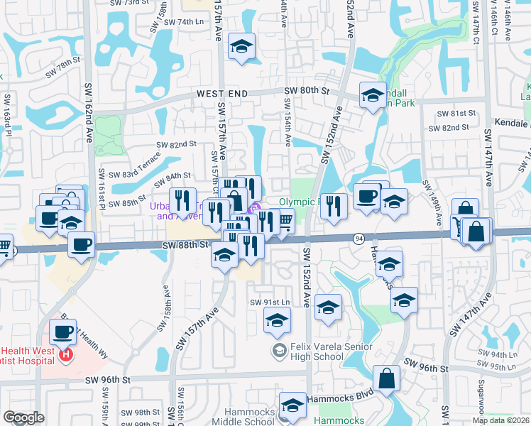 map of restaurants, bars, coffee shops, grocery stores, and more near 15449 Southwest 86th Terrace in Miami