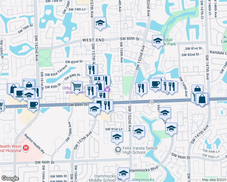 map of restaurants, bars, coffee shops, grocery stores, and more near 15449 Southwest 86th Terrace in Miami