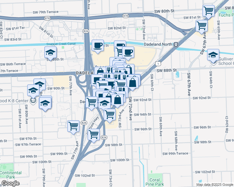map of restaurants, bars, coffee shops, grocery stores, and more near 7275 Southwest 90th Way in Kendall