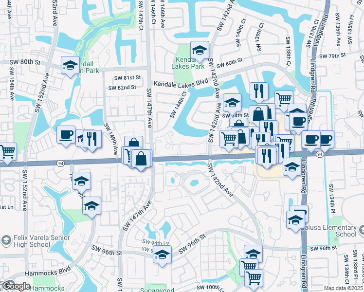map of restaurants, bars, coffee shops, grocery stores, and more near 14421 North Kendall Drive in Miami