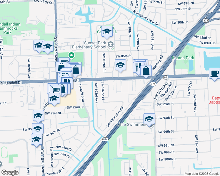 map of restaurants, bars, coffee shops, grocery stores, and more near 8925 Southwest 102nd Court in Miami