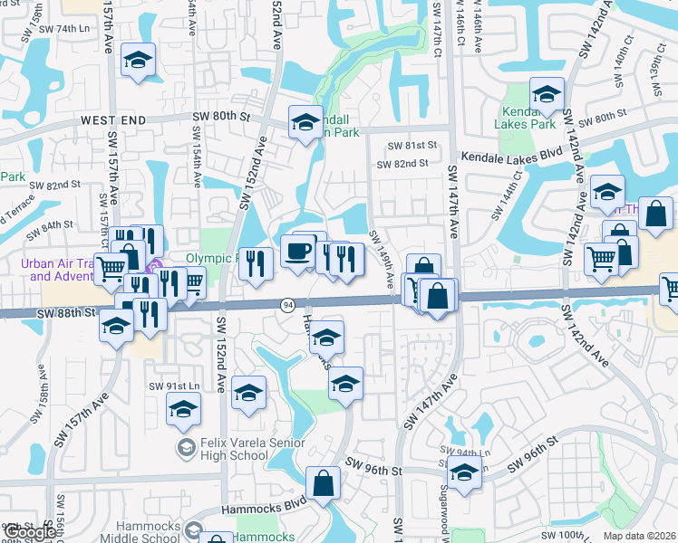 map of restaurants, bars, coffee shops, grocery stores, and more near 8600 Southwest 149th Avenue in Miami