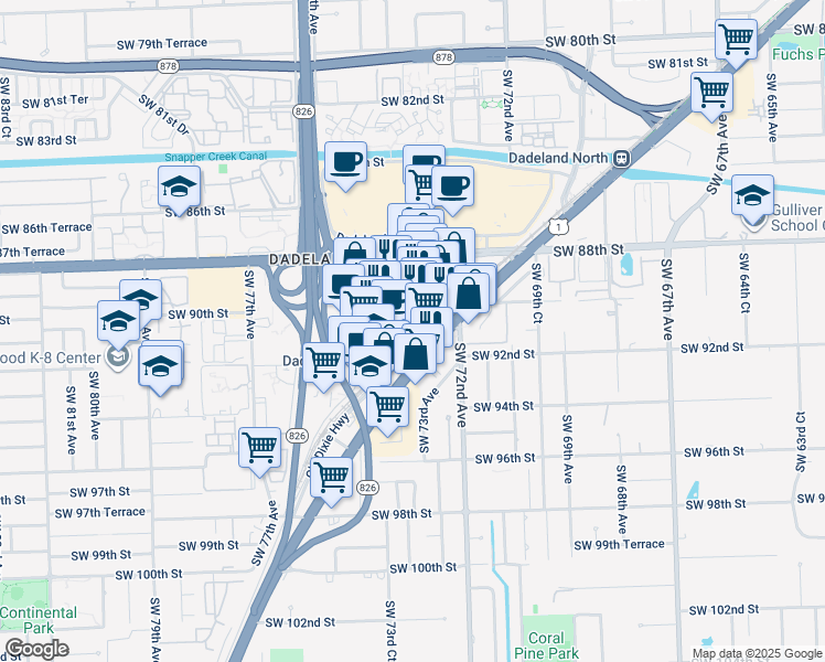 map of restaurants, bars, coffee shops, grocery stores, and more near 7275 Southwest 90th Way in Miami