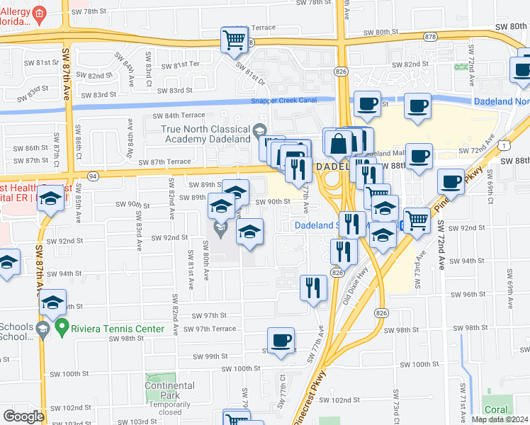 map of restaurants, bars, coffee shops, grocery stores, and more near 9055 Southwest 78th Court in Miami