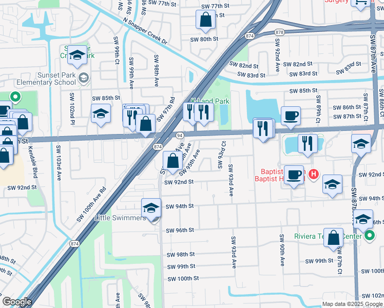 map of restaurants, bars, coffee shops, grocery stores, and more near 8920 Southwest 95th Avenue in Miami