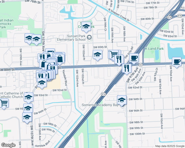 map of restaurants, bars, coffee shops, grocery stores, and more near 8925 Southwest 102nd Court in Miami