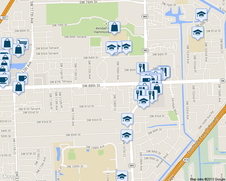 map of restaurants, bars, coffee shops, grocery stores, and more near 8909 Southwest 108th Place in Miami