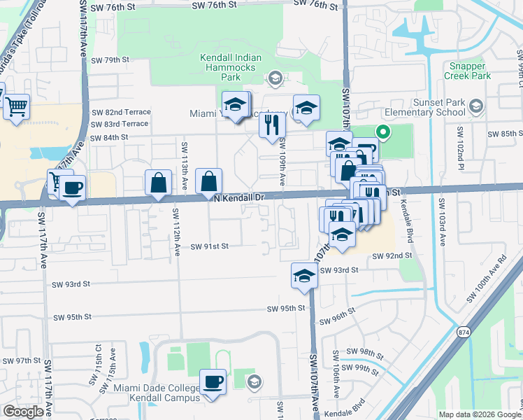 map of restaurants, bars, coffee shops, grocery stores, and more near 10868 Southwest 89th Street in Miami