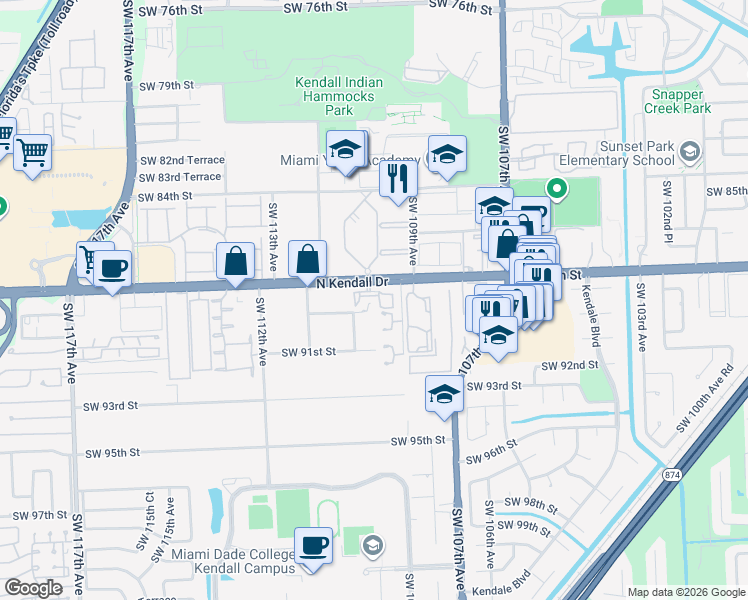 map of restaurants, bars, coffee shops, grocery stores, and more near 10868 Southwest 89th Street in Miami