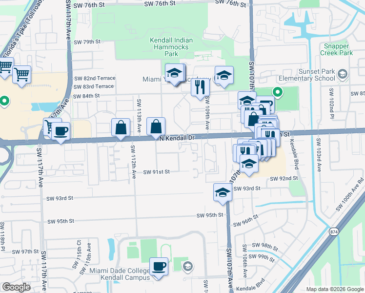 map of restaurants, bars, coffee shops, grocery stores, and more near 10868 Southwest 89th Street in Miami