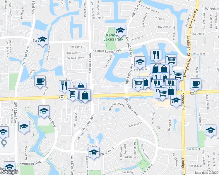 map of restaurants, bars, coffee shops, grocery stores, and more near 14401 North Kendall Drive in Miami