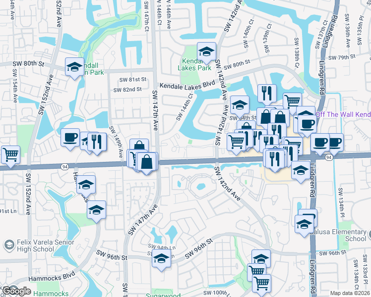 map of restaurants, bars, coffee shops, grocery stores, and more near 14421 North Kendall Drive in Miami