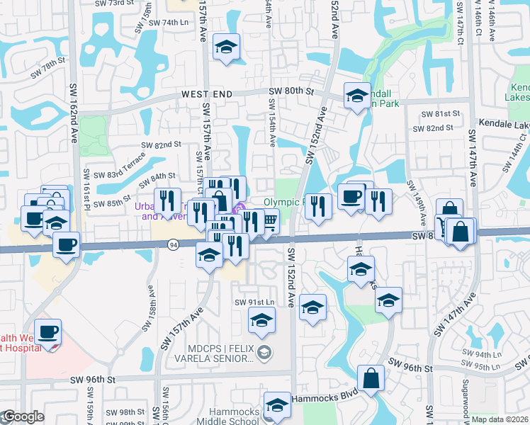 map of restaurants, bars, coffee shops, grocery stores, and more near 15449 Southwest 86th Terrace in Miami