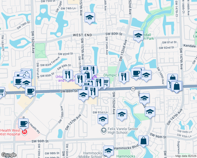 map of restaurants, bars, coffee shops, grocery stores, and more near 15449 Southwest 86th Terrace in Miami