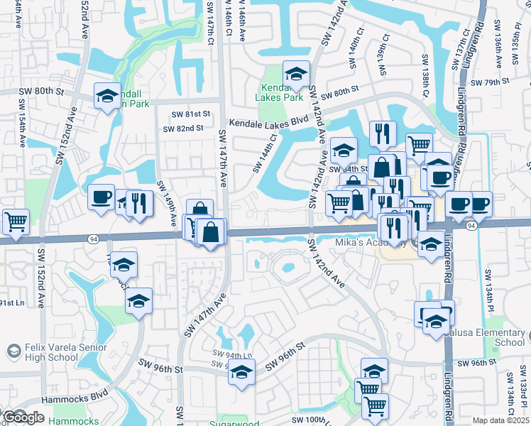 map of restaurants, bars, coffee shops, grocery stores, and more near 14401 North Kendall Drive in Miami