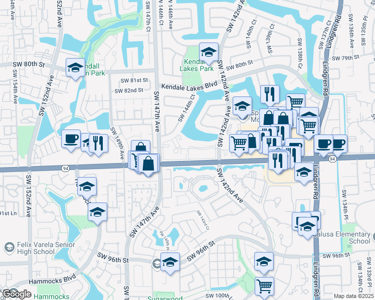 map of restaurants, bars, coffee shops, grocery stores, and more near 14611 North Kendall Drive in Miami