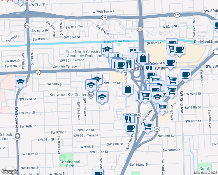 map of restaurants, bars, coffee shops, grocery stores, and more near 9055 Southwest 78th Court in Miami
