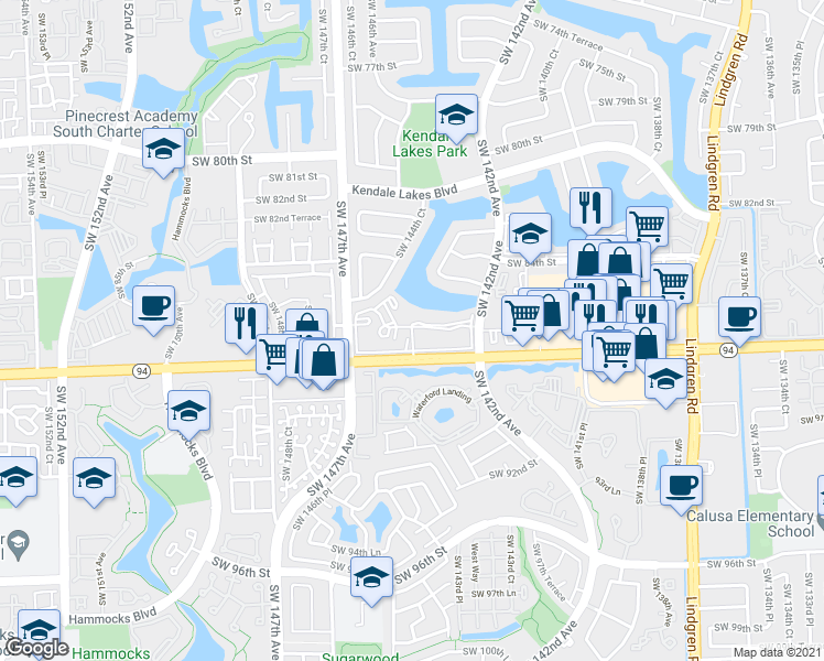 map of restaurants, bars, coffee shops, grocery stores, and more near 14421 North Kendall Drive in Miami