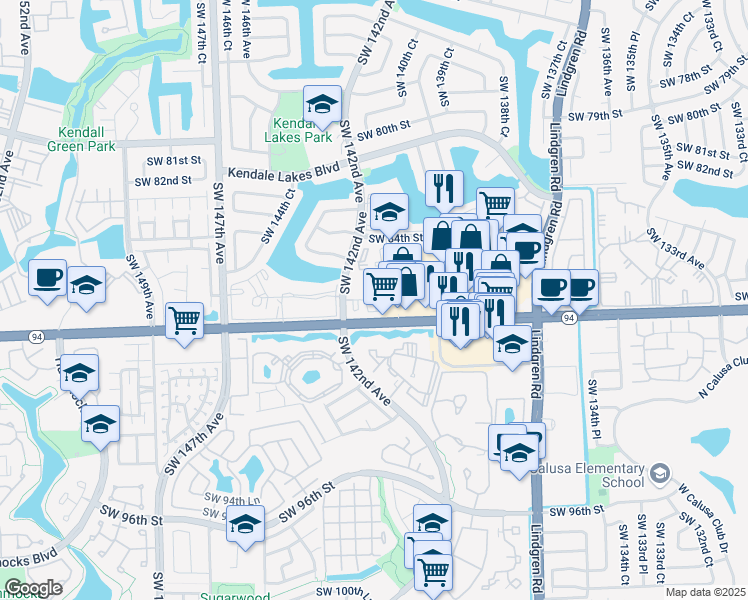 map of restaurants, bars, coffee shops, grocery stores, and more near 14165 Southwest 87th Street in Miami