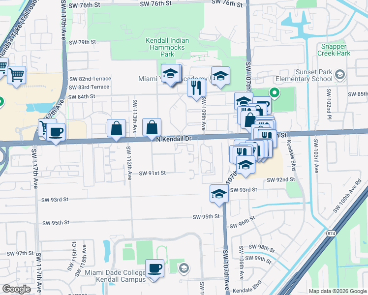 map of restaurants, bars, coffee shops, grocery stores, and more near 10868 Southwest 89th Street in Miami
