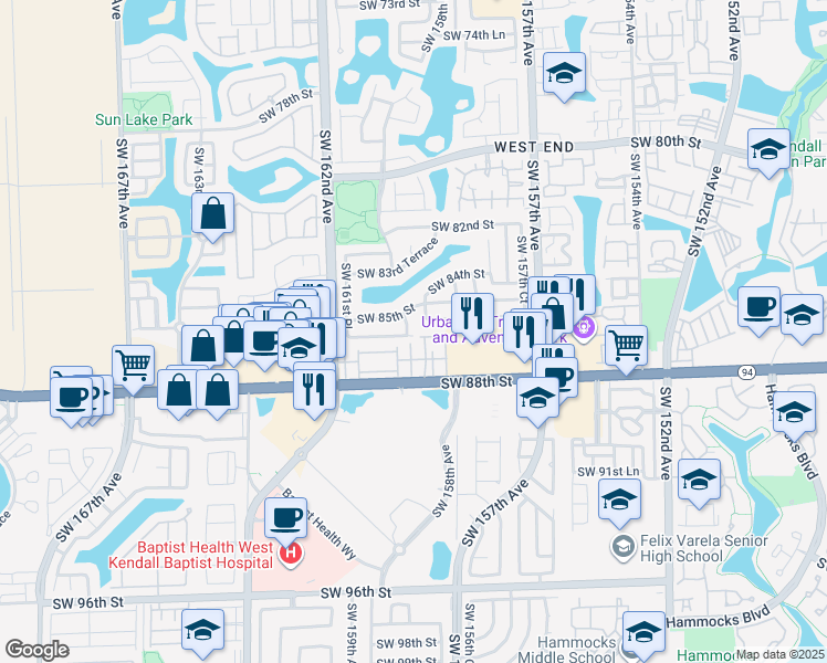 map of restaurants, bars, coffee shops, grocery stores, and more near 8625 Southwest 159th Place in Miami