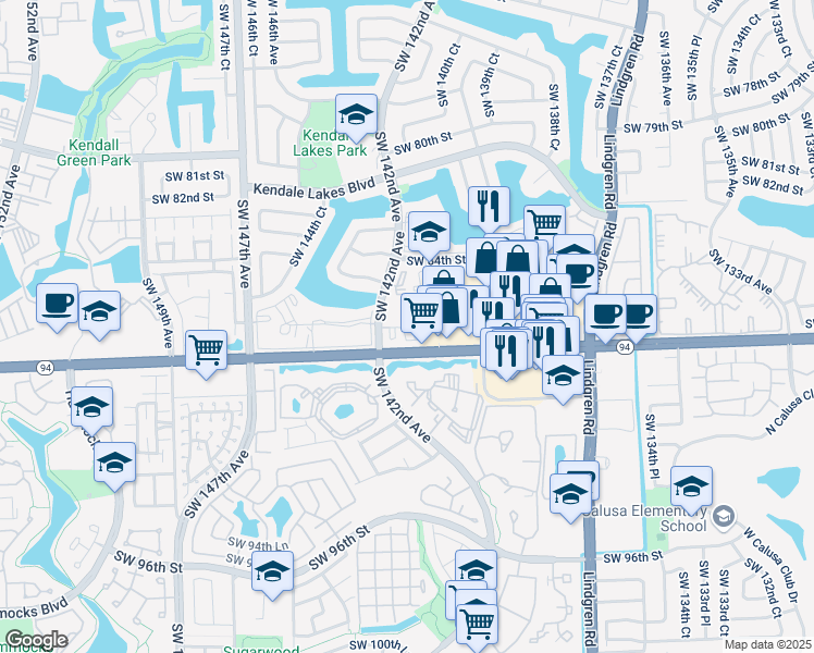 map of restaurants, bars, coffee shops, grocery stores, and more near 14195 Southwest 87th Street in Miami