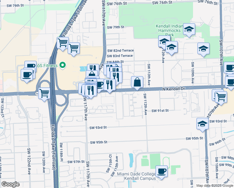 map of restaurants, bars, coffee shops, grocery stores, and more near 8807 Southwest 113th Place Circle East in Miami