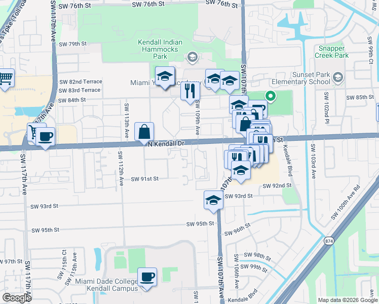 map of restaurants, bars, coffee shops, grocery stores, and more near 8909 Southwest 108th Place in Miami