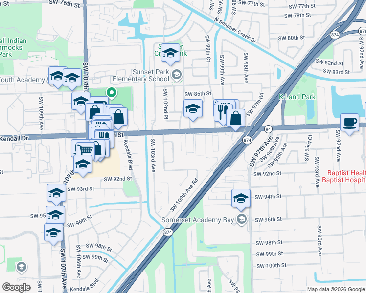map of restaurants, bars, coffee shops, grocery stores, and more near 10160 Southwest 88th Street in Miami