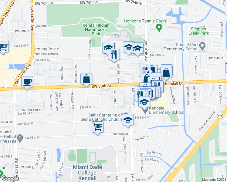 map of restaurants, bars, coffee shops, grocery stores, and more near 8909 Southwest 108th Place in Miami