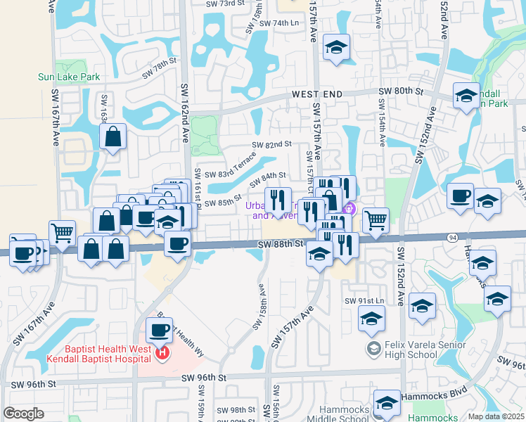 map of restaurants, bars, coffee shops, grocery stores, and more near 15851 Southwest 86th Terrace in Miami