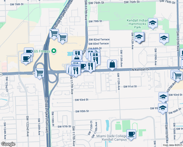 map of restaurants, bars, coffee shops, grocery stores, and more near 8807 Southwest 113th Place Circle East in Miami