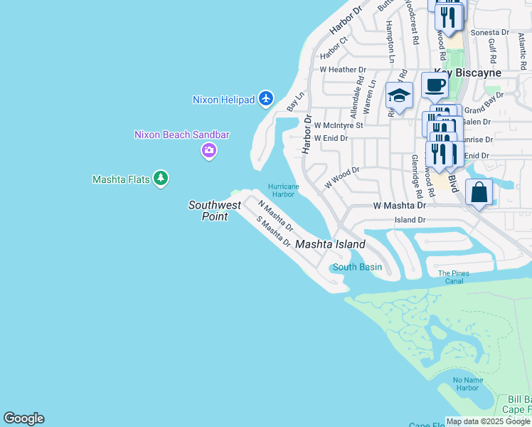 map of restaurants, bars, coffee shops, grocery stores, and more near 700 North Mashta Drive in Key Biscayne