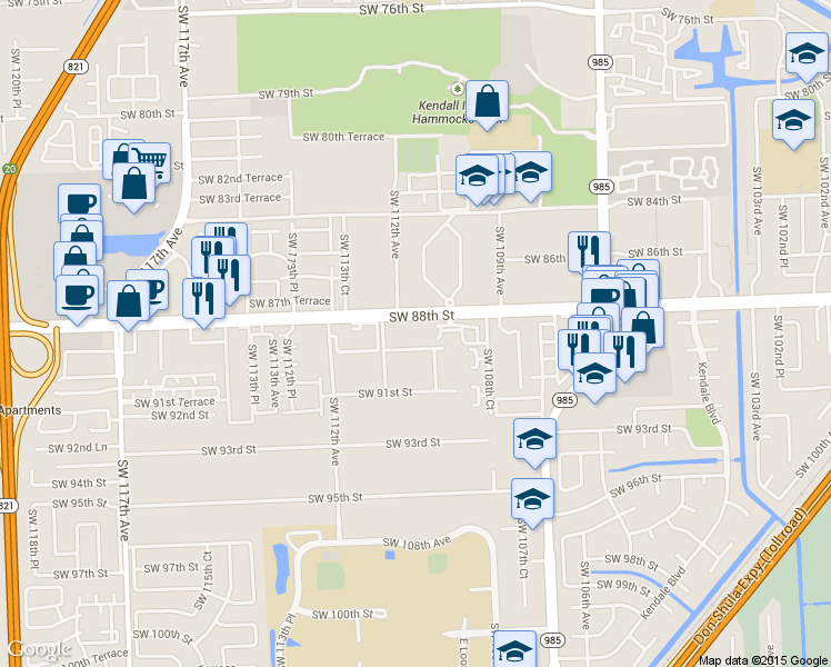 map of restaurants, bars, coffee shops, grocery stores, and more near 10900 Southwest 88th Street in Miami