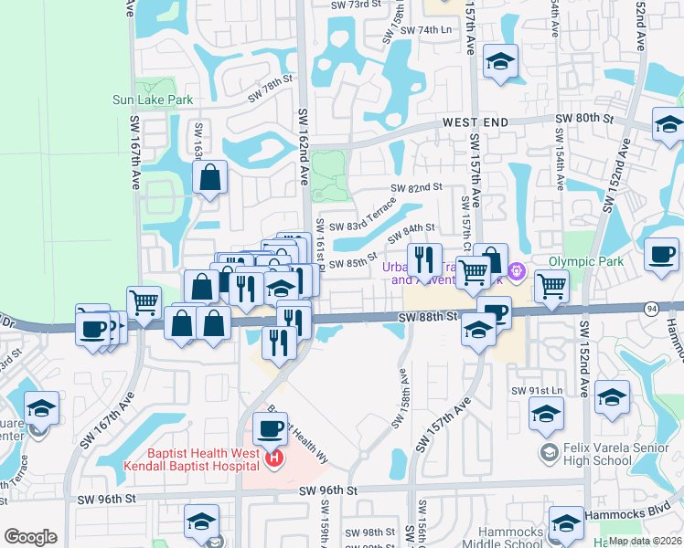 map of restaurants, bars, coffee shops, grocery stores, and more near 16083 Southwest 86th Terrace in Miami