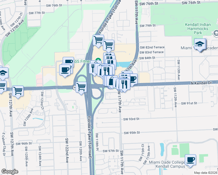 map of restaurants, bars, coffee shops, grocery stores, and more near 11790 Southwest 88th Street in Miami