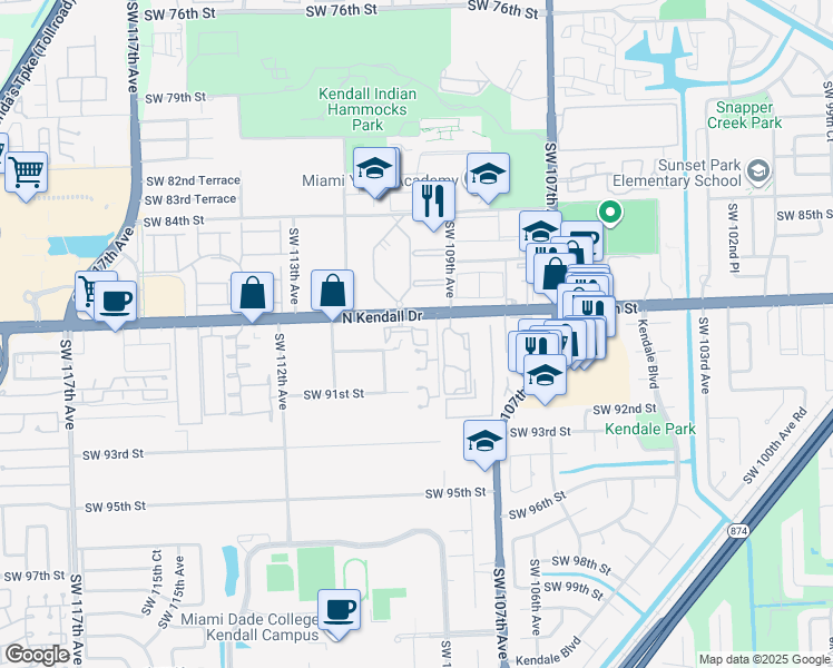 map of restaurants, bars, coffee shops, grocery stores, and more near 10868 Southwest 89th Street in Miami