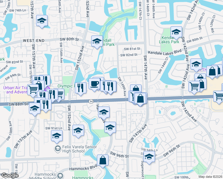 map of restaurants, bars, coffee shops, grocery stores, and more near 8610 Southwest 149th Avenue in Miami